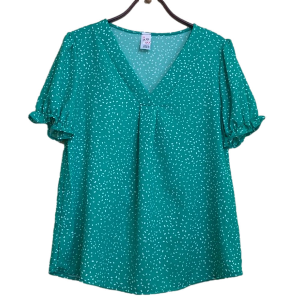 7th Ray | Jaylin Green White V Neck Puff Puff Lightweight Relaxed Fit Top M